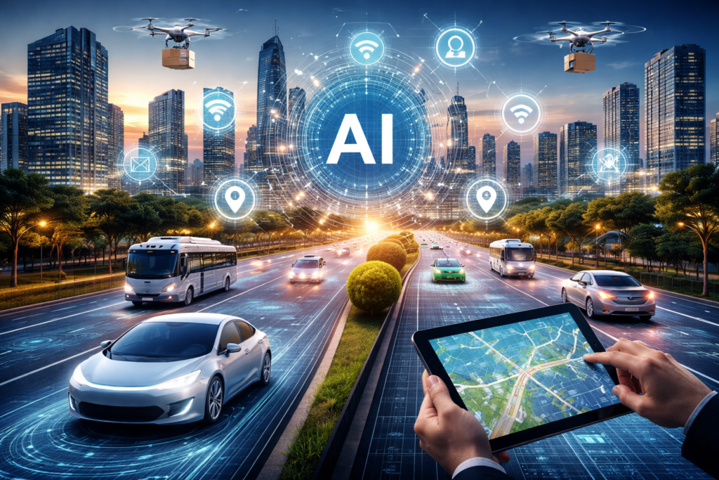 AI-Powered Urban Mobility in a Smart City Futuristic smart city using AI to improve urban mobility with connected cars, buses, drones, and digital traffic systems.