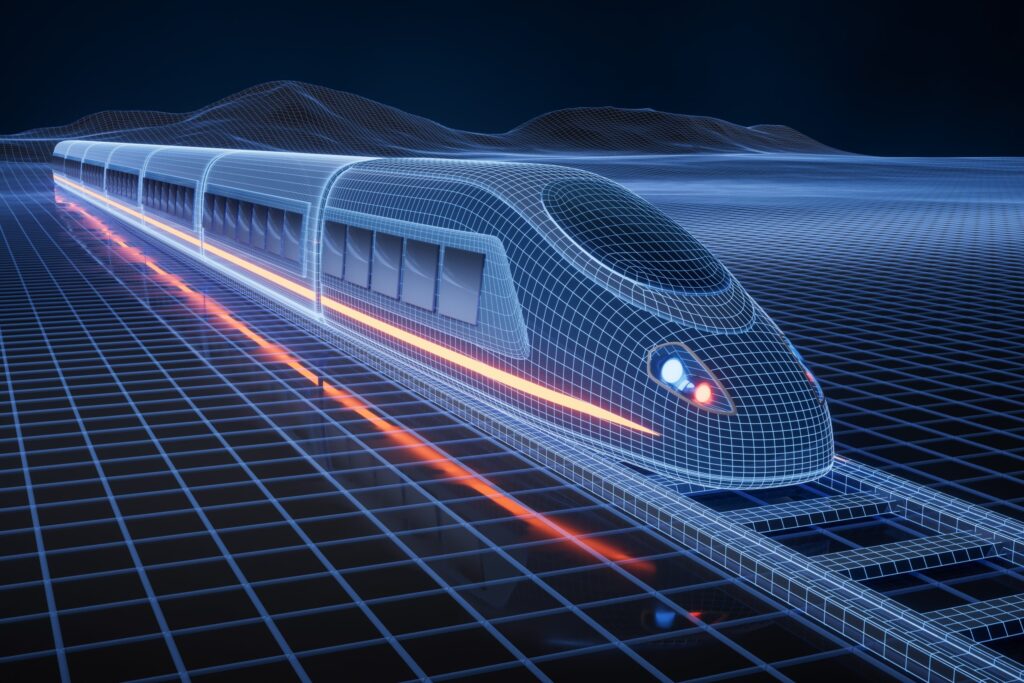 Simulating a Rail Network as a Digital Twin Railway tracks shown half as real infrastructure and half as a digital twin simulation with glowing train positions